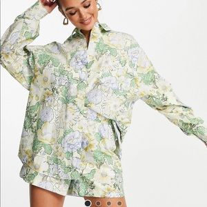 ASOS Edition Yellow Floral Print Cotton Shirt and Short Set Size 0
